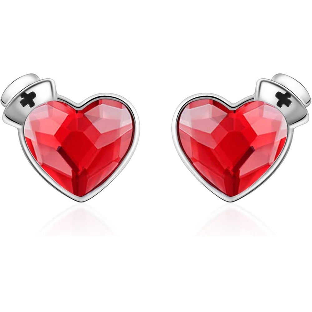 Red Heart Crystal Stud Earrings with Nurse Hat - Women's Jewelry